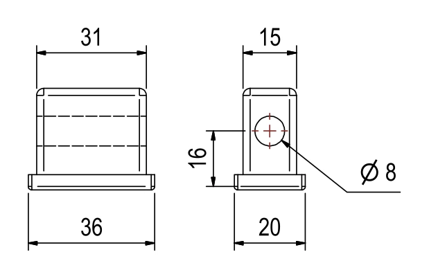 End cap with side hole EB2002 – technical drawing with dimensions