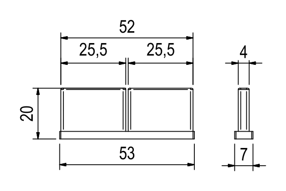 Double rectangular end cap EB2006 – technical drawing with dimensions